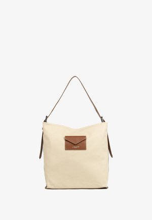 Beige canvas shoulder bag with a brown leather envelope pocket and strap, featuring a smooth texture and rounded silhouette.