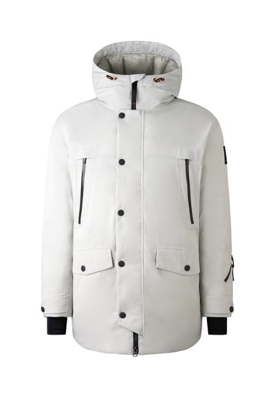White padded jacket with a high collar and a hood, featuring two front pockets, two chest pockets, and black zip accents.