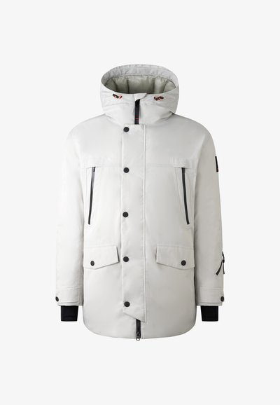 White padded jacket with a high collar and a hood, featuring two front pockets, two chest pockets, and black zip accents.