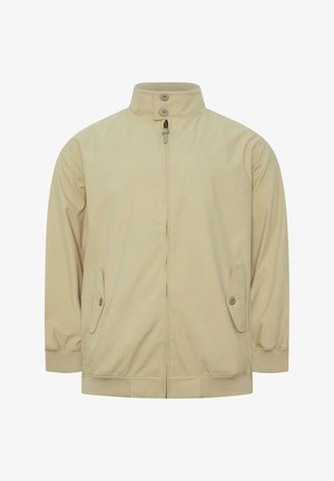 Beige Reißverschlussjacke mit Stehkragen, der mit zwei Knöpfen geschlossen ist, langen Ärmeln, geknöpften Klappentaschen und gerippten Bündchen sowie Saum.