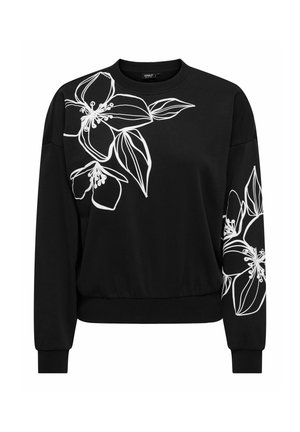 Schwarzer Langarm-Sweatshirt mit weißen, großen floralen Umrissen auf der linken Schulter und dem rechten Ärmel, mit gerippten Bündchen und Saum.