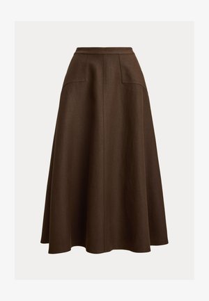 Pruun lina A-lõikelise seelikuga, millel on kõrge vöökoht, kaks eesmist taskut ja sile pind, ulatudes põlve alla.