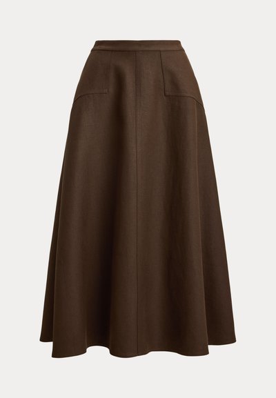 Καφέ λινό φούστα σε γραμμή Α με ψηλή μέση, διαθέτει δύο εμπρόσθιες τσέπες και ομαλή υφή, που φτάνει κάτω από το γόνατο.