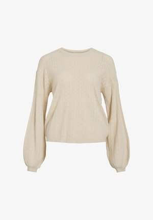 Beige long-sleeve knit sweater with a subtle textured pattern, round neckline, and balloon sleeves gathered at ribbed cuffs.