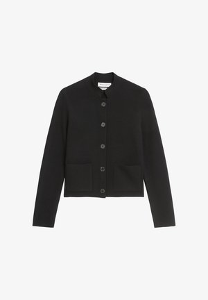 Czarny kardigan z guzikami, długi rękaw, dwie przednie kieszenie i okrągły dekolt.