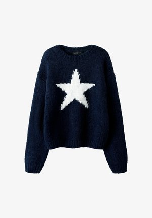 Mornarska pletena veste s bijelim uzorkom zvijezde. Ima okrugli izrez i duge rukave. Teksturirana tkanina s slobodnim krojem.