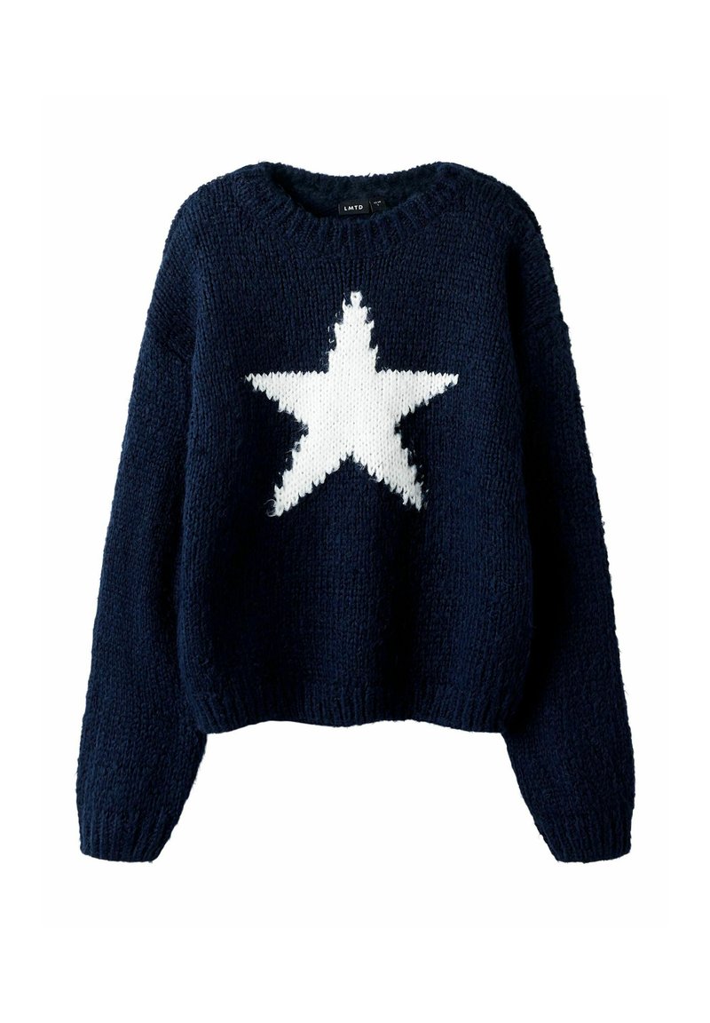 Marineblauer Strickpullover mit einem weißen Sternmotiv. Hat einen runden Halsausschnitt und lange Ärmel. Strukturierter Stoff mit lockerer Passform.