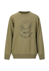 Olivgrön sweatshirt med ribbade muddar och nederkant. Funkar en grafik av krabbor och texten "SALTY IN NEED OF VITAMIN SEA" tryckt nedanför.