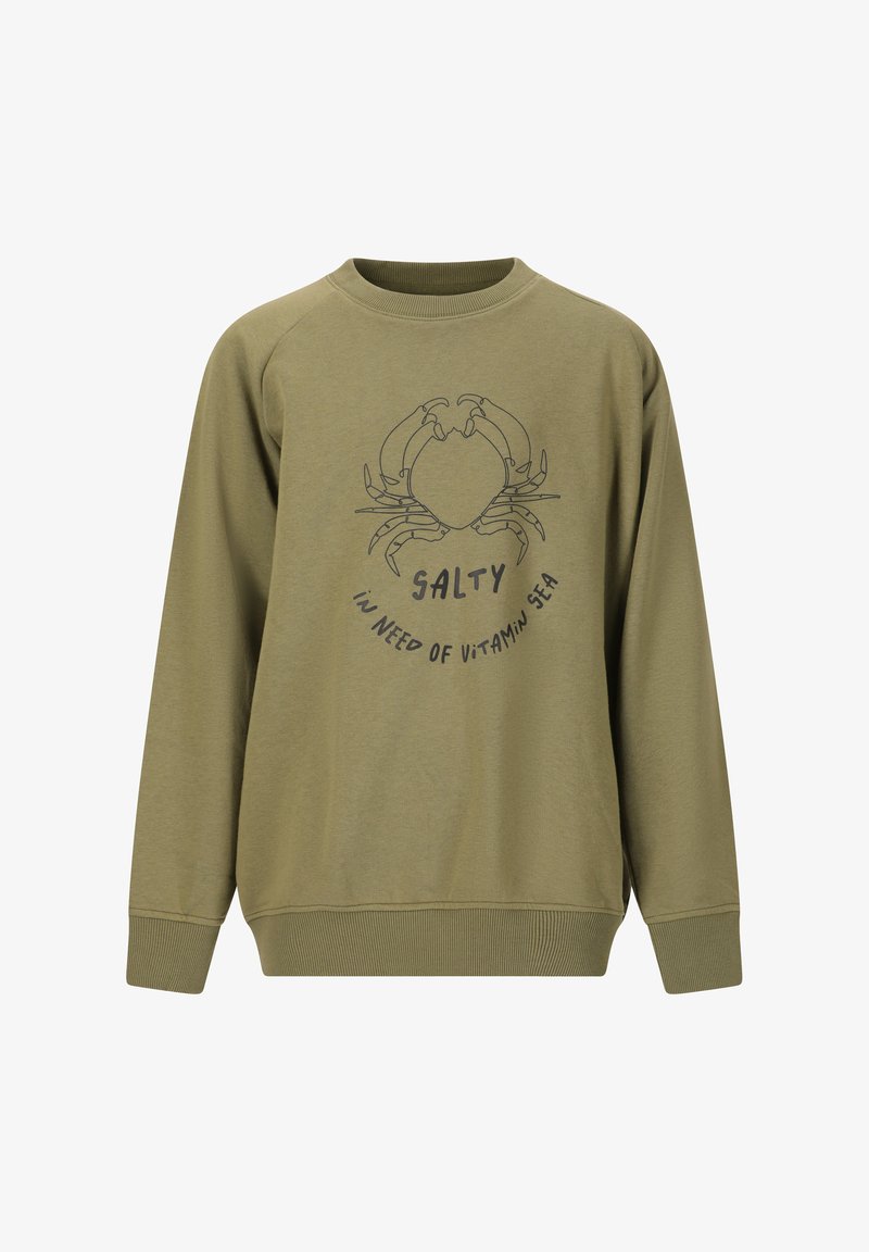 Olivgrön sweatshirt med ribbade muddar och nederkant. Funkar en grafik av krabbor och texten "SALTY IN NEED OF VITAMIN SEA" tryckt nedanför.