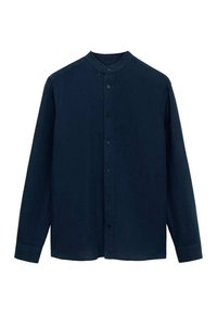 Tummansininen pitkähihaisen paita, jossa on bändikaulus, etupainonappi ja sileä pinta. Muotoiltu istuvuus, jossa on hieman kiiltoa.