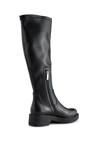 Zwarte leren laarzen tot de knie met een zijrits, stevige hak, gladde textuur en subtiele steekdetails. Ontworpen voor een strakke pasvorm.