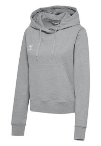 Un sweat à capuche gris avec un capuchon à cordon, une poche frontale, des poignets et un ourlet côtelés. Présente un petit logo blanc sur la partie gauche de la poitrine.