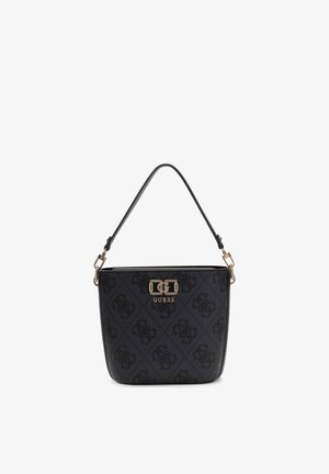 Black handbag made of textured material, featuring a logo design, gold-tone hardware, and a single shoulder strap. Rectangular shape.