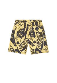 Bañadores de hombre en amarillo con un patrón de hojas tropicales en negro. Cuentan con una cinturilla elástica y un bolsillo trasero con detalle de botón.