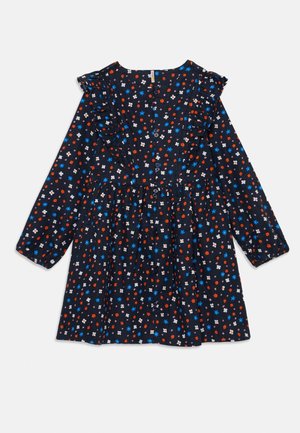 Marineblaues Kleid mit langen Ärmeln, floralem Muster in Rot, Blau und Weiß, mit Rüschen am Halsausschnitt und Knopfverschluss an der Vorderseite.