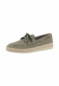 Zöld velúr cipő, kerek orral, szőtt espadrille talppal és fűzős elejével. Arany szemezős részletekkel és kockás belső béléssel rendelkezik.