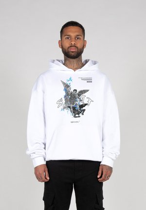 White hoodie featuring a graphic print of a character with wings and text. Designed with a spacious kangaroo pocket and ribbed cuffs.