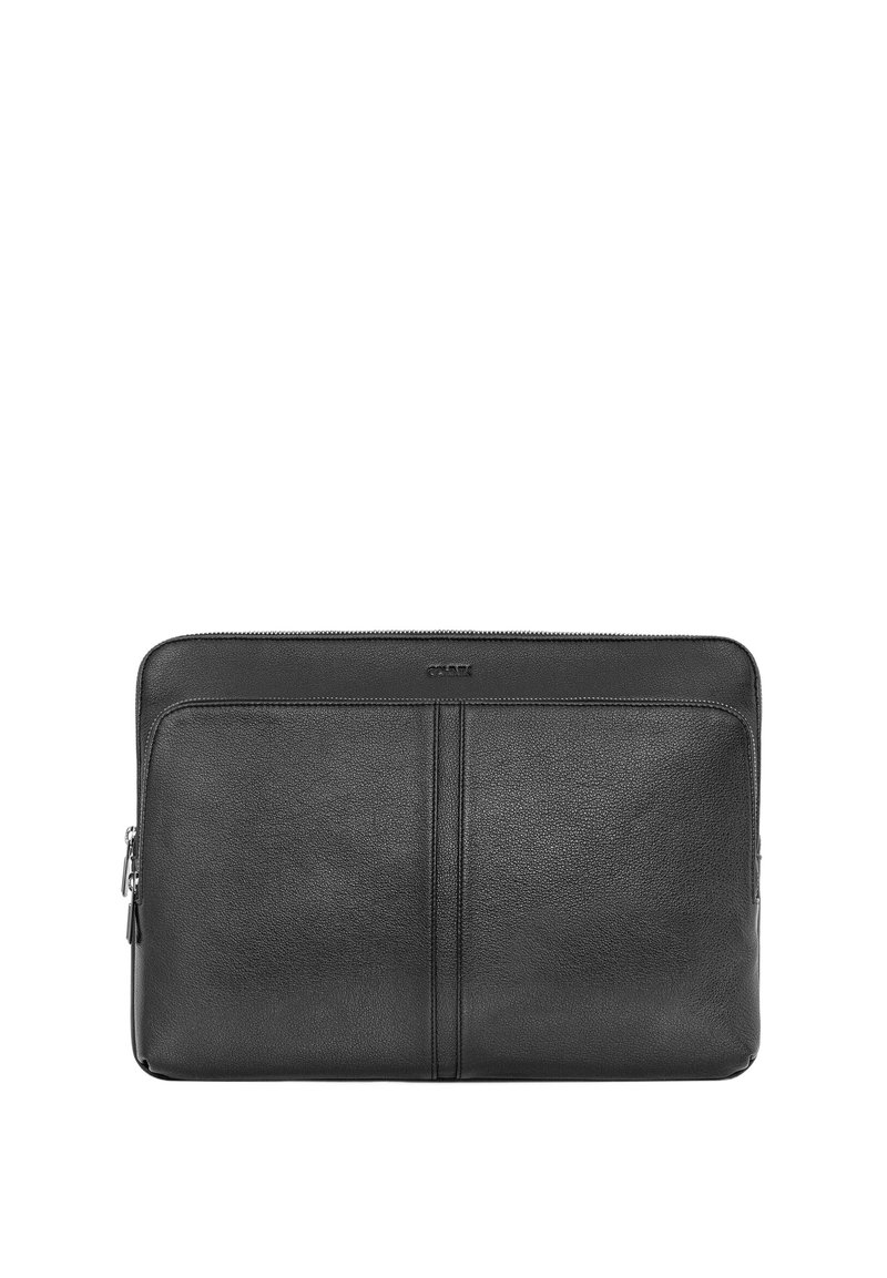 Czarna skórzana etui na laptopa o gładkiej teksturze, z zamknięciem na zamek błyskawiczny i dwoma pionowymi szwami z przodu dla dodatkowego akcentu.