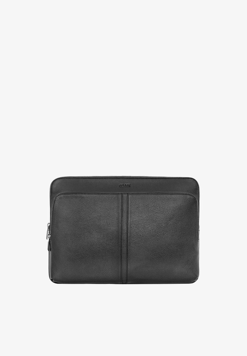 Czarna skórzana etui na laptopa o gładkiej teksturze, z zamknięciem na zamek błyskawiczny i dwoma pionowymi szwami z przodu dla dodatkowego akcentu.