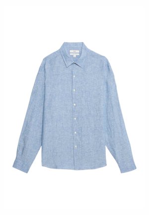 Camisa azul claro de manga larga con botones, confeccionada en tela texturizada, con cuello clásico y dobladillo recto, con botones blancos en la parte delantera.