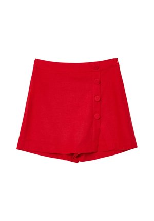 Rote Leinen-Wickelhosen mit einem schmalen Bund, ausgestattet mit einem Knopfverschluss, seitlichen Schlitzen und einer glatten Textur.