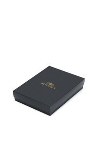 Czarne kartonowe pudełko z logo "Wittchen" w kolorze złotym na pokrywie, kształt prostokątny, gładka faktura, elegancki design, całkowicie zamknięte.