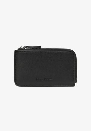 Portefeuille noir en cuir avec fermeture éclair intégrale, logo Marc O'Polo embossé à l'avant, forme rectangulaire compacte et tirette métallique.