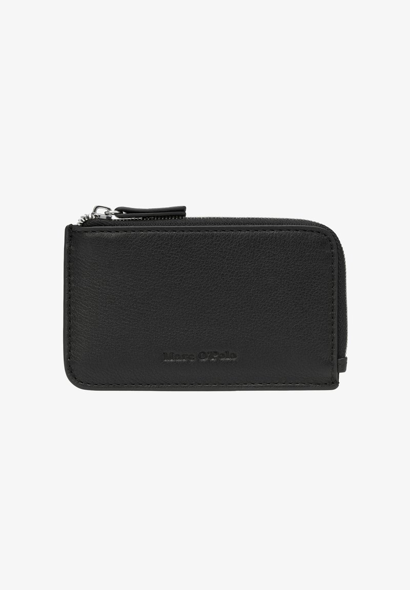 Portefeuille noir en cuir avec fermeture éclair intégrale, logo Marc O'Polo embossé à l'avant, forme rectangulaire compacte et tirette métallique.