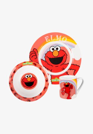 Red ceramic plate, bowl, and mug featuring Elmo character. High-gloss finish with vibrant colors and cartoon details, including smiling expressions.