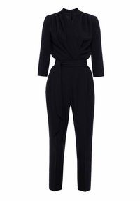 Czarny kombinezon z dekoltem w serek, długimi rękawami, wiązanym paskiem w talii i zwężanymi nogawkami. Wykonany z gładkiego materiału z delikatną teksturą.