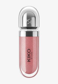 Tube de gloss à lèvres rose brillant avec un bouchon argenté arrondi, marqué du texte noir "KIKO MILANO" sur le contenant transparent.