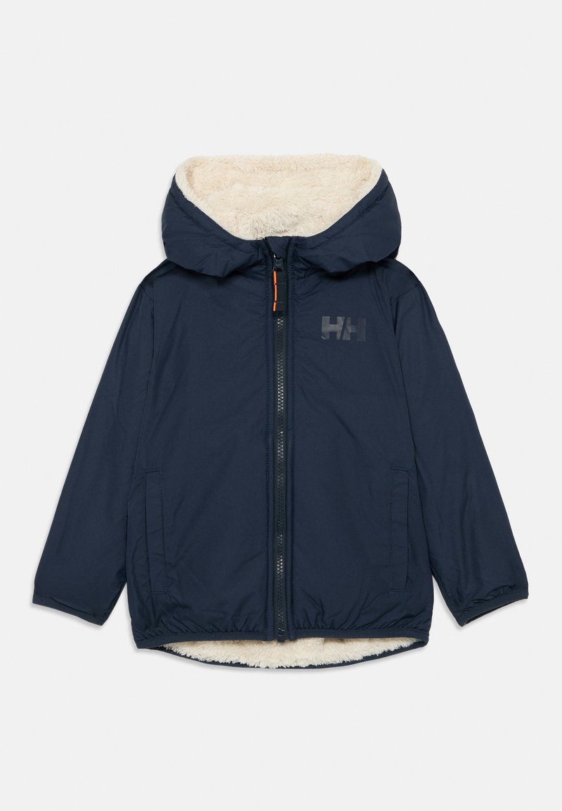 Veste bleu marine avec capuche doublée en fourrure, fermeture éclair, ourlet élastique et poches latérales. Caractéristiques d'un logo sur la poitrine.