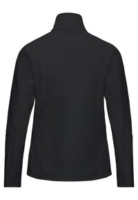 Veste noire avec un col montant, un dos supérieur texturé et une partie inférieure lisse. Manches longues sans aucun accessoire ou accent visible.