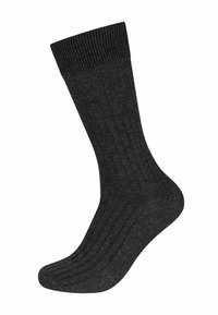 Dunkelgraue gerippte Socke mit weichem Textil, ausgestattet mit einem dicken Bündchen und einer verstärkten Ferse, die für Komfort und Langlebigkeit konzipiert ist.