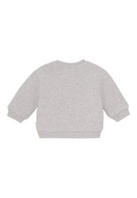 Jasnoszara, długosleeve'owa bluza dla niemowląt z ribbowanymi mankietami, dołem i okrągłym dekoltem, przedstawiona z tyłu na białym tle.