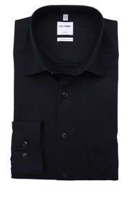 Schwarzes Langarmhemd mit Button-down-Kragen, bequemem Schnitt und Ein-Knopf-Manschetten. Der Stoff hat eine glatte Textur.