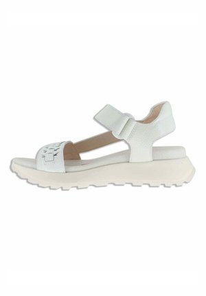 Sandalo bianco con punta aperta, cinturino anteriore traforato, cinturino regolabile con velcro alla caviglia, suola imbottita e battistrada texturizzato per uso esterno.