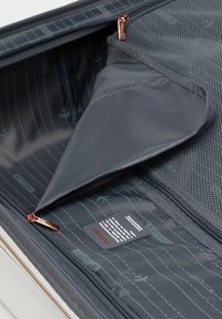 Dunkelgraues Gepäckinnere mit einer Netzreißverschlusstasche, Innenfutter mit Flugzeugmuster und einem Etikett mit Pflegeanweisungen. Sichtbare Roségold-Hardware.