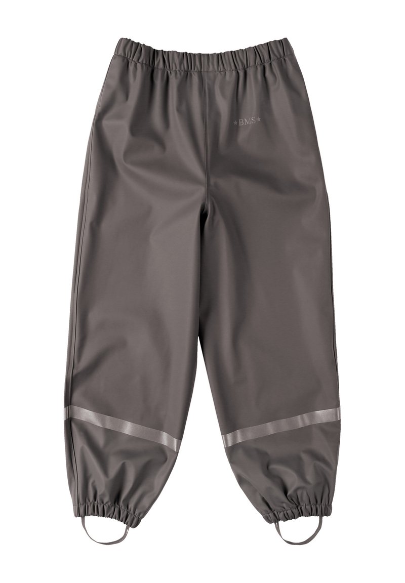 Wasserdichte graue Hose mit elastischem Bund, elastischen Bündchen und reflektierenden Streifen an den Knöcheln für bessere Sichtbarkeit. Glatte Textur und lockere Passform.