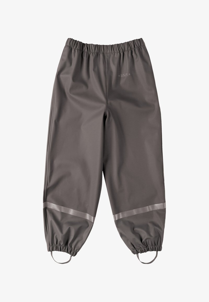 Wasserdichte graue Hose mit elastischem Bund, elastischen Bündchen und reflektierenden Streifen an den Knöcheln für bessere Sichtbarkeit. Glatte Textur und lockere Passform.