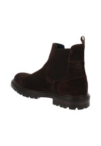 Bruine suède Chelsea-boots met een getextureerd elastisch zijpaneel, contrasterende stiksels en een stevige rubberen zool. Voorzien van een treklipje aan de achterkant.