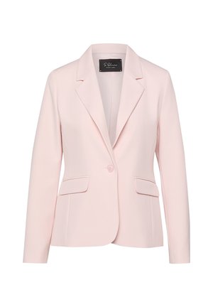 Lichtroze damesblazer met lange mouwen, reverskraag met inkeping, eenknopsluiting en voorzakken met klep.