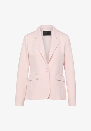 Lichtroze damesblazer met lange mouwen, reverskraag met inkeping, eenknopsluiting en voorzakken met klep.