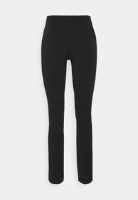Leggings pretos com um design justo, feitos de um tecido suave. Apresentam um bolso traseiro e costuras nos joelhos para um detalhe adicional.