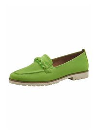 Groene leren loafers met een gevlochten accent op de schacht, een low-profile ontwerp en een gestructureerde rubberen zool. Platte en casual stijl.
