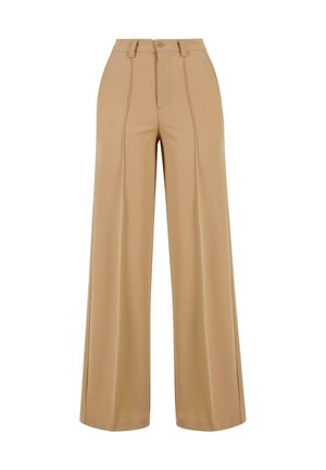 Beige wide-leg trousers made from smooth fabric, featuring a high waist, subtle front pleats, and a single button closure.