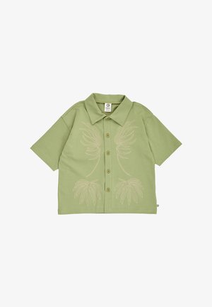 Chemise boutonnée manches courtes vert clair avec col, ornée de motifs de feuilles brodées beige clair sur le devant.