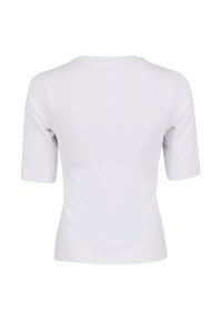 T-shirt blanc ajusté à manches courtes montré de dos avec un col rond et un tissu lisse.