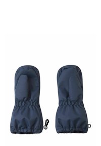 Granatowe rękawiczki wykonane z trwałej tkaniny, charakteryzujące się grubą, wyściełaną konstrukcją, elastycznymi mankietami i zaokrąglonym kształtem dla zapewnienia ciepła.