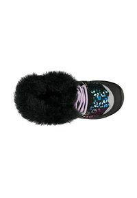 Schwarze, pelzige Knöchelstiefel mit einem Pailletten-Leopardenmuster in Grün, Lila und Blau. Verfügt über lavendelfarbene Schnürsenkel und eine graue Zehenkappe.
